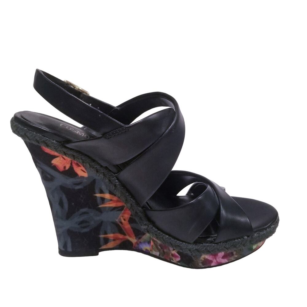 Cosmopolitan Black Floral Print Strappy Wedge Sandals